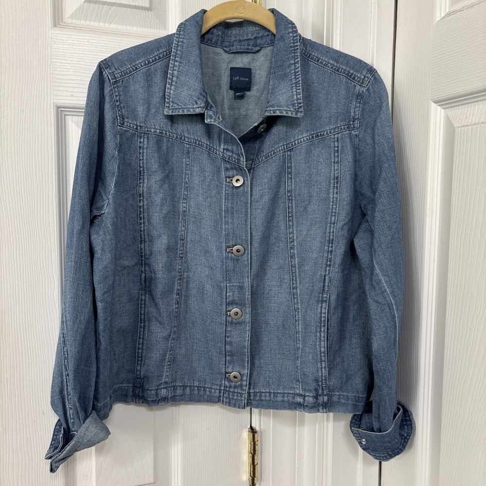 J Jill Cotton Linen Seamed Denim Jacket Cropped Sz M Azure Wash 348541